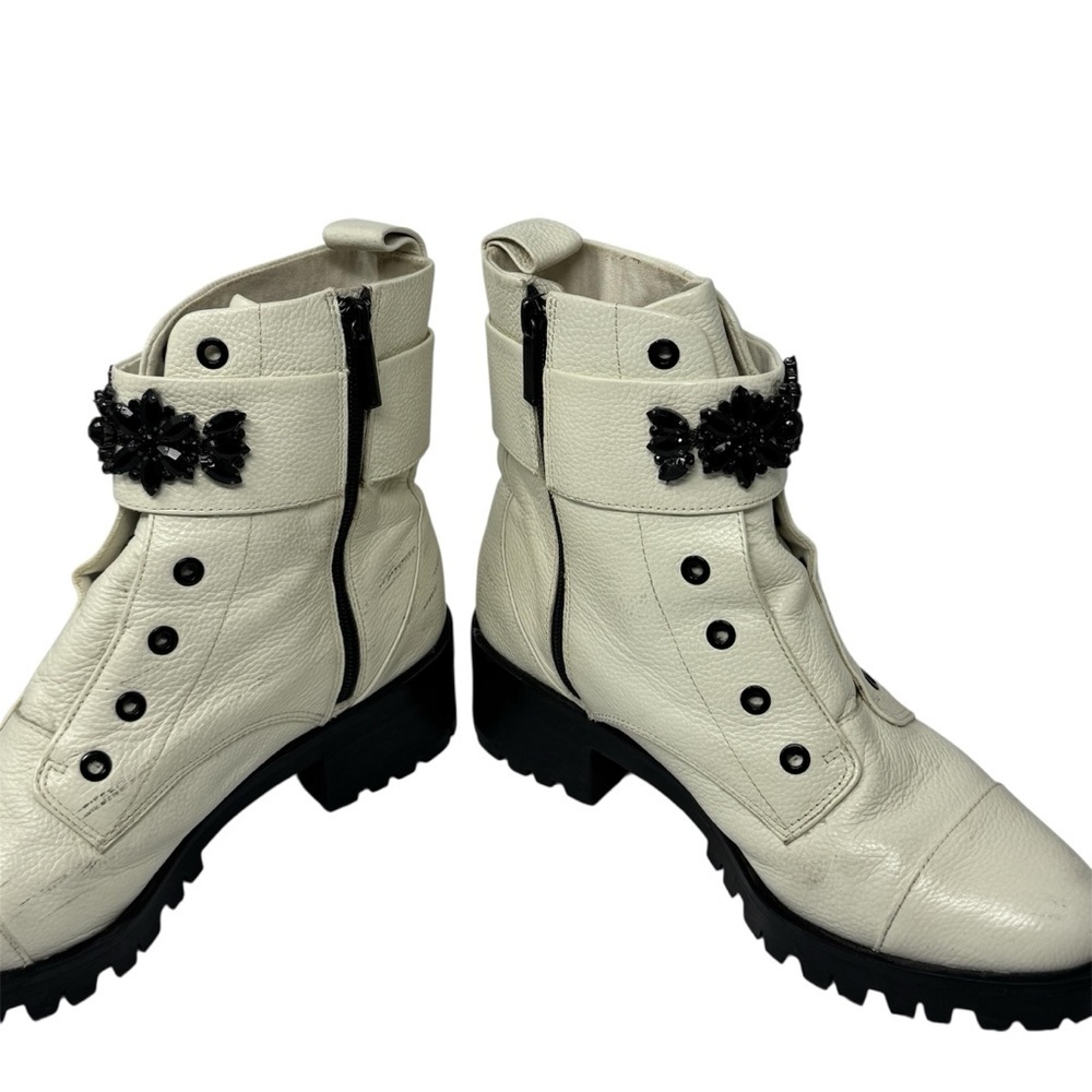 Karl Lagerfeld Pippa Cream Leather Lug Sole Ankle Boots Rhinestone Strap 9.5 - Picture 2 of 8